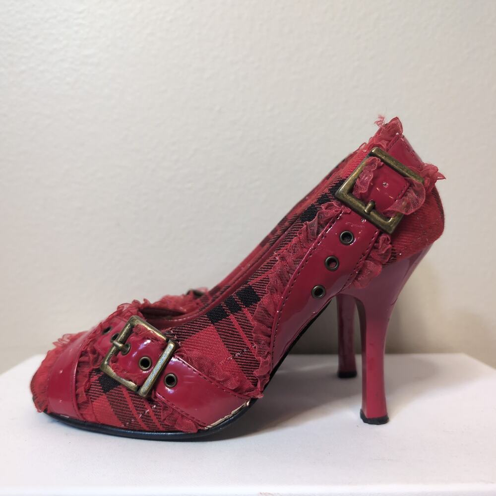 Plaid Ruffle Buckle Grunge Stiletto Heels